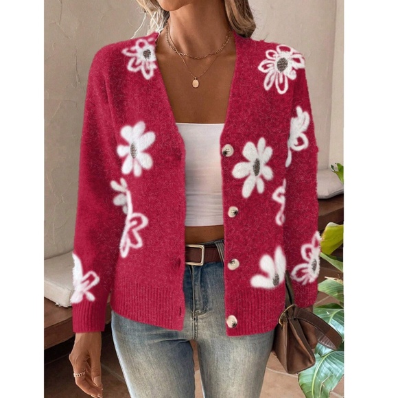 Red Cardigan Knit Flower Textured Button Front  Stretchy, Soft - Picture 5 of 9